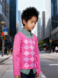 Boys Color Block Fake Two-Piece Top, Green Collar & Diamond Print for Party & Performance