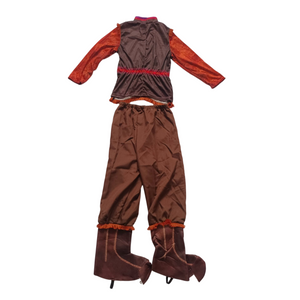 Boys Nordic explorer costume set includes long sleeve top, vest, trousers and shoe covers. Vintage frontier styling, suitable for Halloween, theme party, school dress-up and fantasy role-play activities.
