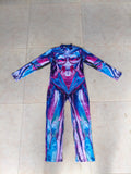 Girls futuristic robot bodysuit, mock neck long sleeve full-length jumpsuit. Vibrant blue-pink geometric armor print, high stretch slim fit, ideal for superhero cosplay, stage dance and Halloween party dress-up.