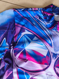 Girls futuristic robot bodysuit, mock neck long sleeve full-length jumpsuit. Vibrant blue-pink geometric armor print, high stretch slim fit, ideal for superhero cosplay, stage dance and Halloween party dress-up.