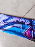 Girls futuristic robot bodysuit, mock neck long sleeve full-length jumpsuit. Vibrant blue-pink geometric armor print, high stretch slim fit, ideal for superhero cosplay, stage dance and Halloween party dress-up.