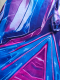 Girls futuristic robot bodysuit, mock neck long sleeve full-length jumpsuit. Vibrant blue-pink geometric armor print, high stretch slim fit, ideal for superhero cosplay, stage dance and Halloween party dress-up.