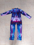 Girls futuristic robot bodysuit, mock neck long sleeve full-length jumpsuit. Vibrant blue-pink geometric armor print, high stretch slim fit, ideal for superhero cosplay, stage dance and Halloween party dress-up.