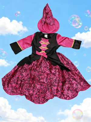 Girls Magenta Witch Dress & Hat Costume Set for Halloween Carnival Party
