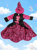 Girls Magenta Witch Dress & Hat Costume Set for Halloween Carnival Party
