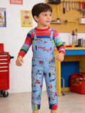 Boys toy themed costume set includes colorful striped long sleeve shirt and light blue printed overalls. Fun tool graphic prints, ideal for Halloween, themed parties, school dress-up and kids creative role-play.