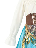 Kids rustic folk costume set, ruffle long sleeve blouse, lace-up waist corset, irregular hem skirt and printed headscarf. Tassel decorated apron overlay, pastoral ethnic style for harvest festival and folk dance dress-up.