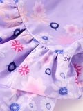 Girls purple floral layered midi dress with polka dot mesh short sleeves. Ruffle neckline and multi-tiered skirt design. Perfect for garden parties, photo shoots, casual outings and themed dress-up occasions.