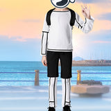 4pcs Boy Set: 1 White Print Top + 1 Pair of Contrasting Pants + 1 Black Backpack + 1 Pattern Mask, Boy Set, Halloween Holiday Party, Stage Performance