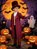 Boys 3PCS Halloween Costume Set, Purple Coat, Dark Red Pants & Hat