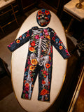Kids Orange Floral Skeleton 2-Piece Costume Set: Jumpsuit and Matching Mask