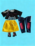 Girls cool street style costume set includes printed cropped top, yellow skirt overlay and padded leggings. Trendy racing inspired look, great for stage shows, themed parties and kids dress-up activities.
