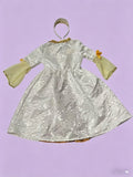 Girls royal princess long dress costume with gold trim and layered bell sleeves. Elegant two-tone design, floor-length cut, perfect for Christmas parties, cosplay and holiday dress-up events.