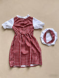 Girls chef costume set, ruffle short sleeve shirt, checkered vest, apron, skirt and matching chef hat. Classic red gingham design, perfect for kitchen role-play, Halloween and school career day dress-up.