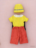 Boys' Outfit: a Pure Yellow Top Combined with Bright Red Pants in a Jumpsuit Style, Plus a Yellow Hat; Features a Stylish Round Neck Design Paired with a Blue Bow Tie