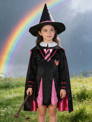 Girls 4PCS Red-Black Wizard Costume Set with Magic Wand for Halloween & School Show