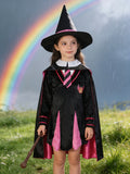 Girls 4PCS Red-Black Wizard Costume Set with Magic Wand for Halloween & School Show