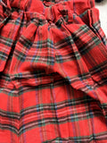 Girls Scottish folk costume set, stand collar black long sleeve top with white piping, red plaid sash and pleated midi skirt. Classic tartan design for folk dance performance and school cultural day dress-up.