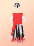 Girls pirate costume set includes cold shoulder dress and striped headscarf. Classic red, white and black striped design. Suitable for Halloween, pirate themed party, carnival and kids imaginative role-play.