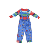 Boys toy themed costume set includes striped long sleeve shirt and printed blue overalls. Fun tool graphic print design. Ideal for Halloween, themed party, school dress-up and kids role-play activities.