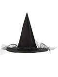 Girls pink trim witch costume set includes long dress and lace decorated witch hat. Sheer mesh sleeves and crisscross corset front. Ideal for Halloween, witch themed parties and kids fantasy role-play activities.