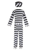 Boys striped prisoner costume set includes long sleeve top, trousers and matching cap. Scary blood print & jagged trim design, great for Halloween haunted party and spooky themed role-play.