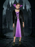 Girls dark witch costume set includes layered long dress, pointed headpiece and choker. Classic black & purple medieval styling. Perfect for Halloween parties, haunted events and fantasy themed role-play.
