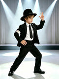 Boys classic black dance suit set, blazer, straight trousers, white shirt, tie and fedora hat. Unique white arm patch detail, sleek formal silhouette, ideal for pop dance performance and talent show costume dress-up.