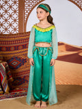 Girls Bright Green Costume Set with Sheer Sleeves for Halloween & Carnival