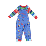 Boys toy themed costume set includes striped long sleeve shirt and printed blue overalls. Fun tool graphic print design. Ideal for Halloween, themed party, school dress-up and kids role-play activities.