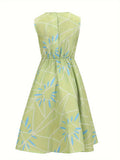 Girls Sleeveless Green Fit-and-Flare Dress with Geometric Print