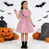 Girls Pink Round Neck Dress Set with Sash for Halloween Carnival