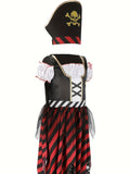 Girls 2-Piece Pirate Costume: Skull Print Dress & Pirate Hat