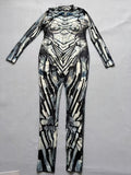 Boys futuristic robot bodysuit, mock neck long sleeve full-length jumpsuit. Metallic silver black geometric armor print, high stretch slim fit, perfect for sci-fi superhero cosplay and Halloween dress-up.