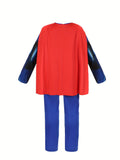 Boys hero costume set includes printed jumpsuit and detachable red cape. Iconic color matching and chest emblem design. Perfect for Halloween, themed parties, school dress-up and kids role-play activities.