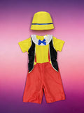 Boys' Outfit: a Pure Yellow Top Combined with Bright Red Pants in a Jumpsuit Style, Plus a Yellow Hat; Features a Stylish Round Neck Design Paired with a Blue Bow Tie