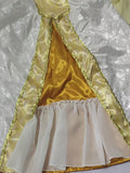 Girls royal princess long dress costume with gold trim and layered bell sleeves. Elegant two-tone design, floor-length cut, perfect for Christmas parties, cosplay and holiday dress-up events.