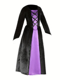 Girls dark witch costume set includes layered long dress, pointed headpiece and choker. Classic black & purple medieval styling. Perfect for Halloween parties, haunted events and fantasy themed role-play.