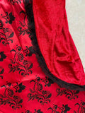 Girls fairy tale costume set with hooded lace cape and printed dress. Front corset lace-up design, classic red tone, great for Halloween, story-themed parties and role-play games.