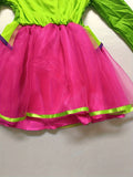 Girls whimsy mad hatter costume set includes long sleeve jacket, pink tutu skirt and mini top hat headband. Vibrant colorful design, ideal for Halloween, tea party theme and fantasy role-play activities.