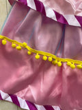 Girls candy themed costume set, tiered sleeveless dress with striped arm sleeves and matching lollipop headband. Bright colorful print, cute sweet style for carnival & birthday dress-up.