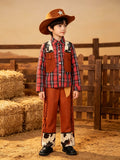 Boys Cowboy Costume Set with Plaid Shirt & Leopard Trim Pants for Halloween