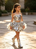 Girls 3-piece silver stage outfit, fuzzy trim sequin cami crop top, double-layer ruffle skort and matching arm sleeves. Shiny metallic silver design, youthful futuristic style for dance competition and school gala costume.