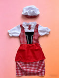 Girls chef costume set, ruffle short sleeve shirt, checkered vest, apron, skirt and matching chef hat. Classic red gingham design, perfect for kitchen role-play, Halloween and school career day dress-up.