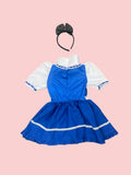 Girls blue maid style costume dress with matching bow headband. Adorable apron & lace decor design. Suitable for theme park visits, Halloween, birthday parties and kids fantasy role-play.