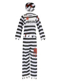 Boys striped prisoner costume set includes long sleeve top, trousers and matching cap. Scary blood print & jagged trim design, great for Halloween haunted party and spooky themed role-play.