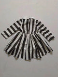 Girls black and white striped long sleeve dress with mock collar. Unique faux vest stitching design and pleated skirt. Suitable for casual daily wear, photo shoots, themed parties and creative dress-up occasions.