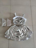 Girls 3-piece silver stage outfit, fuzzy trim sequin cami crop top, double-layer ruffle skort and matching arm sleeves. Shiny metallic silver design, youthful futuristic style for dance competition and school gala costume.