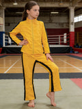Girls' Yellow Kung Fu Tracksuit: 1 top and 1 pair of pants. Stand collar martial arts costume with black stripes and zipper, suitable for Halloween, carnival parties and stage performances.