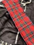 Girls Scottish folk costume set, stand collar black long sleeve top with white piping, red plaid sash and pleated midi skirt. Classic tartan design for folk dance performance and school cultural day dress-up.